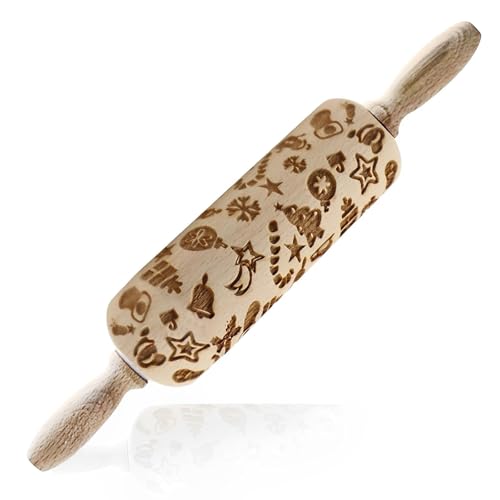 DifenzuSJ Teigroller Muster Weihnachten 25cm, 3D Holz Nudelholz klein, Kinder Teigroller, Weihnachten Präge Nudelholz, Backrolle Buchenholz zum Teigrollen für...