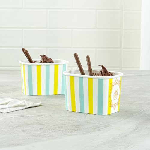 Image of Restaurantware Paper Cups 200 Count 12 Ounce Square Disposable Ice Cream Containers, Leak-Resistant Paper Dessert To Go Cups, Hot And Cold Food, Durable Blue And Green Stripe, Lids Sold Separately