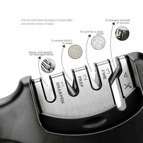 Knife Sharpener,3-Level Sharpening Tool for Repairing,4-in-1 Kitchen Knife Sharpener, Polishing, and Honing Blades | Durable Stainless Steel, Ceramic, and Tungsten Steel | Non-Slip Base | Black - Image 6