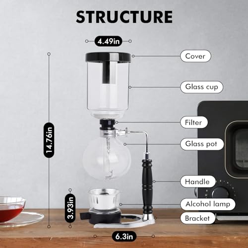 Miniatura 3 de Liropau Sifón Cafetera De Vacío, Sifón Japonés, 5 Tazas, 600 Ml, Resistente Al Calor, Con Base De Filtro Antigoteo, Herramientas De Extracción Para Café Hecho A Mano