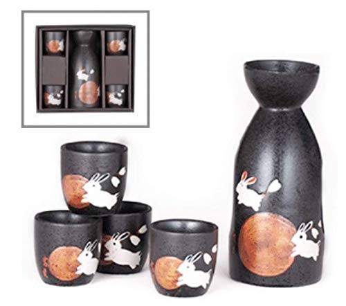 Happy Sales Japanese Style Sake Set With 12 fl oz Porcelain Sake Tokkuri Bottle Decanter and Four Ochoko Cups Drinkware Gift Set GreyMoonRabbits