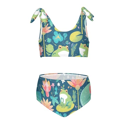 KLL Cute Cartoon Frog Animal Sitting Flower Leaf Girls' Two Piece Bikini Sets Scoop Neck Swimsuit Swimming Suits Adjustable