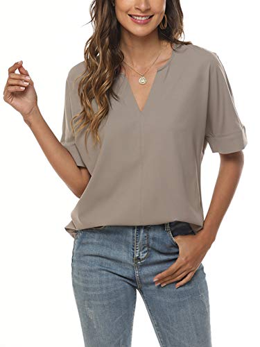 iChunhua Women's Casual Tops V-Neck Rolled Sleeve Casual Loose Basic Tee Tops Plain Blouses (Grey,2XL) iChunhua Women's Casual Tops V-Neck Rolled Sleeve Casual Loose Basic Tee Tops Plain Blouses (Grey,2XL)