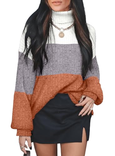 Turtlenecks Tops for Womens Oversized Sweaters Early Fall Fashion Plus Size Winter Clothes Long Sleeve Shirts Boho Triple Color Block 3XL