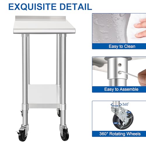 Image of HARDURA Stainless Steel Commercial Work Table with Wheels Prep & Work Metal Table 30x18 Inches Heavy Duty NSF with Casters and 2 inch Backsplash
