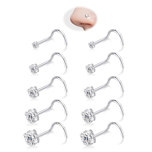 PANSYIRIS Nose Rings Studs - 10PCS 20G Gold-Silver Nose Screw Rings for Women Men 316L Surgical Stainless Steel Hypoallergenic Corkscrew Nose Studs 1.5mm 2mm 2.5mm 3mm 4mm Clear CZ Piercing Jewelry