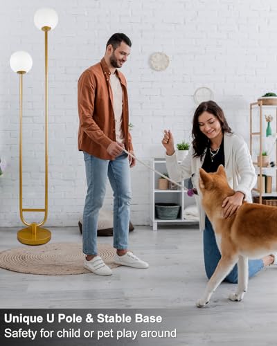 Image of 63IN Dimmable Floor Lamp with Shelf, Unique Globe Gold Tall Standing Lamps with 2 Bulbs, 3000K Warmwhite Mid Century Modern Floor Lamp with 5Lbs Heavy Base for Living Room /Bedroom