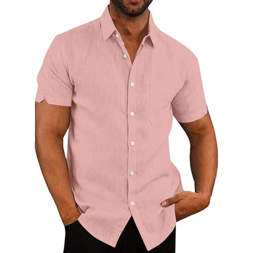 Rodawu Mens Linen Shirts Cotton Short Sleeved Shirts Regular Fit Casual Summer Shirts Lightweight Beach Shirt Pink Shirts L