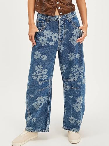 GGUHHU Distressed Barrel Jeans for Women Y2K Wide-Leg Baggy Denim Pants Boyfriend Floral Trousers (X-Large, Floral)4