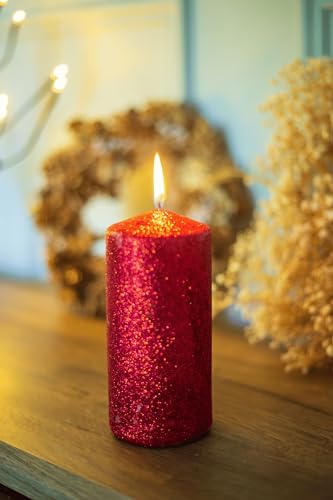 Marco Paul Vela navideña grande roja con purpurina, larga duración, vela de Navidad sin aroma para decoración de interiores, sala de estar, baño, ventana y decoración de boda (7 x 15 cm)
