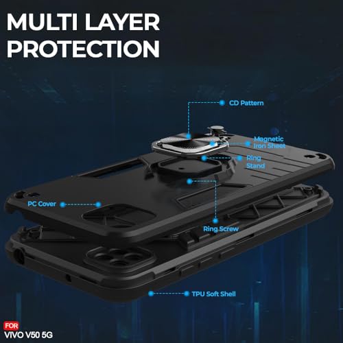 Image of AESTMO Vivo V50 5G / V50e 5G / Vivo T4R / iQOO Z10R 5G Back Case Cover | Tough Armor Bumper | Ring Holder & Kickstand in-Built | 360 Degree Protection Cover (Black)