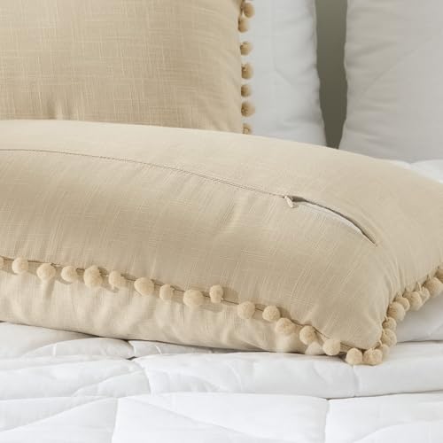 Image of 100% Cotton Pom Pom Cushion with Filler, Elegant & Modern Cushion Cover for Living Room, Rectangle, 12 inchx20 inch, uni slub, Set of 4 - Beige