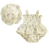 Mubineo Baby Girl Clothes Summer Dress Cotton Linen Romper Sleeveless Smocked Rompers Sun Dress Hat Skirt Boho Outfits (Beige, 3-6 Months)