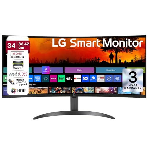 Image of LG 34SR60QC 86.42cm (34 Inch) Smart Curved (1800R) WQHD (3440x1440) Monitor, HDR10, sRGB 99%(Typ.), HDMI X 2, Built-in Speaker (7W x 2), webOS, AirPlay2, Wi-Fi, Bluetooth, Miracast, USB, Tilt (Black)