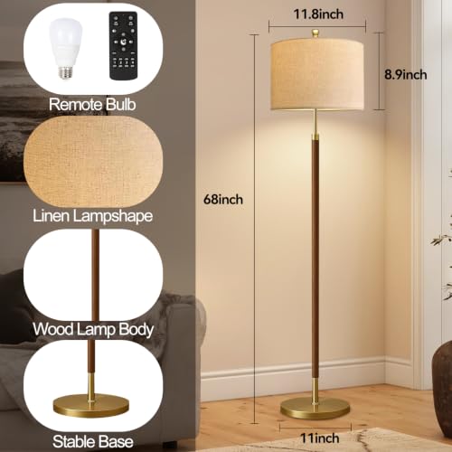 Image of Wood Floor Lamps for Living Room Farmhouse Floor Lamp with Remote Control,Dimmable Vintage Floor Lamp Mid Century Modern Standing Lamp with 3 Color Temperature Tall Floor Lamps For Bedroom Corner