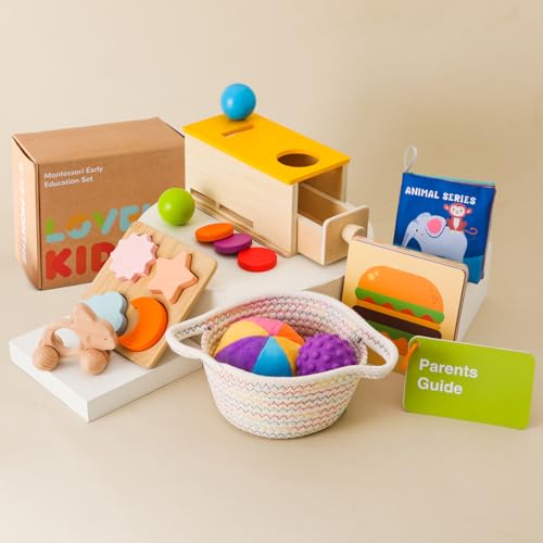 Image of Montessori Toys for Babies 6-12 Months 6 in 1 Learning Educational Toys Set Wooden Toys Play Kit Includes Object Permanence Box, Touch & Match Board, Sensory Ball & Treasure Basket, Soft Baby Book