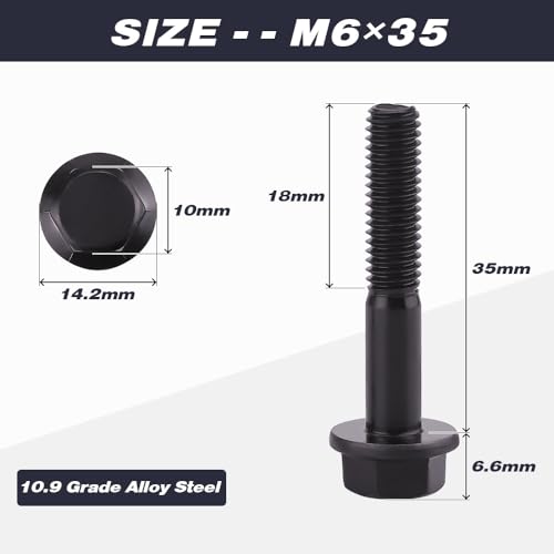 Image of M6-1.0 x 35mm (20 pcs) Flanged Hex Bolt Screws Black Oxide Finish, 10.9 Grade Alloy Steel, Large Flange Washer Head, DIN6921 /GB5789, Partial Thread