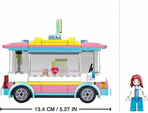 זייַט view of the assembled Sluban Blood Donation Play Set truck with a ruler indicating its length as 13.4 cm / 5.27 inches, and a play figure standing nearby.