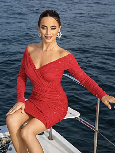 D&M Women's Off Shoulder Sparkly Dress Knitted Mesh Long Sleeve Open Back Ruched Bodycon Sexy Mini Party Dress4