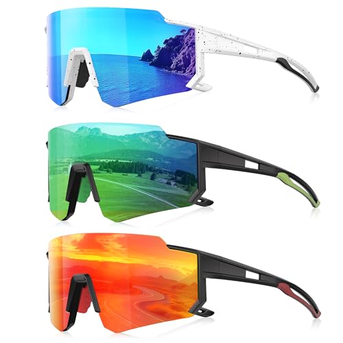 3 Pack Polarized Sunglasses for Men Women, Sports Mens Sunglasses with UV Protection for Baseball Cycling Running A01-gray/Ice Blue/Red