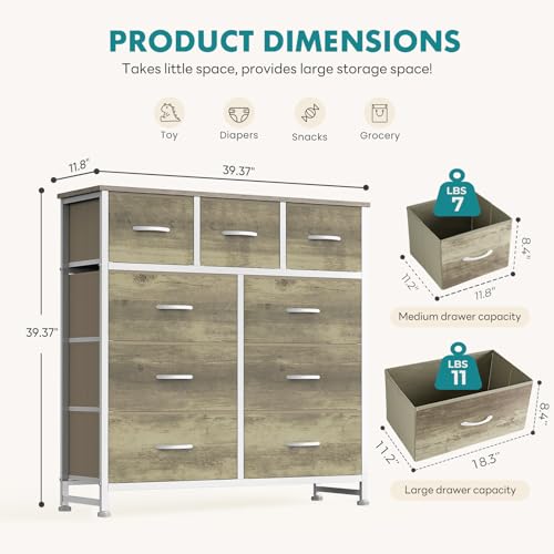 Image of OLIXIS 9 Drawer Tall Dresser for Bedroom, Closet Organizers and Storage | Fabric Dresser with Wooden Top, Chest of Drawers for Clothes Storage, Tower Cabinet, Furniture, TV Stand, Oak Greige