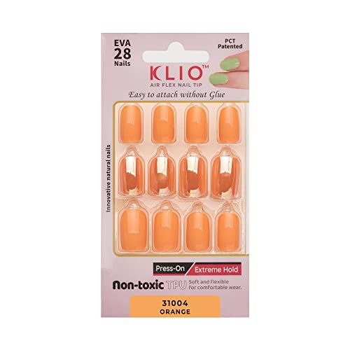 KLIO Press-On False Nails, 28pcs Semi Cured Gel Nails, No LED Lamp needed, Easy To Use, 20+ Color Variation, Short Length, Includes Prep Pad, Mini File, Cuticle Stick, K-Beauty Products (Orange)