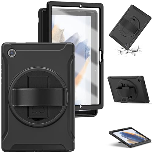 Coque Samsung Galaxy Tab A8 10.5 noire avec protège-écran et support rotatif SM-X200