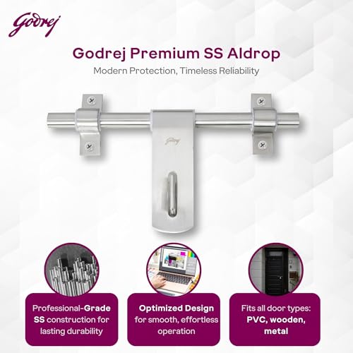 Image of Godrej Door Fitting | Aldrop Lock for Left & Right Handed Doors | Suitable for Main & Inner Doors of Residential & Commercial complexes | Size 16 x 250 mm | Satin Finish