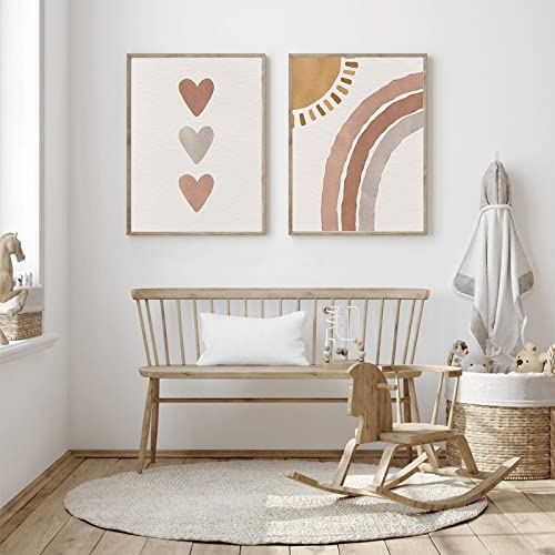 Joocrise Boho Nursery Wall Art Heart Sun Rainbow Canvas Wall Art Nursery Art Prints Baby Nursery Artwork Baby Girl Wall Art Boho Nursery Pictures Wall Decor For Kids Girl Room 12X16X2 Inch Unframed #TOP4