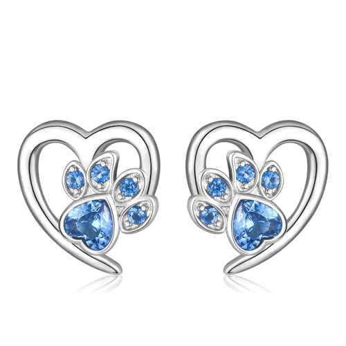 Image of Sterling Silver Cute Cat Puppy Dog Paw Print Stud Earrings Dainty Hypoallergenic Cubic Zirconia Sweet Heart Studs Jewellery for Christmas│Sparkling Stud Earrings for Women Teen Girls