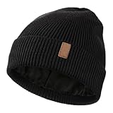 Gorro de malha forrado com lã - chapéu de inverno para homens e mulheres, boné com punho para clima frio, Preto, Tamanho Único