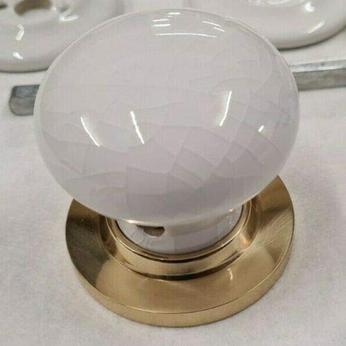 GCH Ceramic / Porcelain Mortice Door Knob Set, 60mm, White Crackle with Brass Rose
