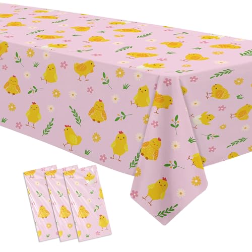 FVABO Chicken Party Decorations Tablecloth for Kid's Birthday Baby Shower, 3pcs Disposable Farm Animal Barnyard Pink Little Chick Birthday Party Supplies Tablecover, 86in x 55in