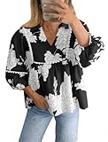 Tankaneo Womens Floral Peplum Babydoll Tops 3/4 Puff Sleeve Pleated Blouse Cute Casual V Neck Loose Fit Flowy Boho Shirts Black
