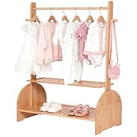 BAMBOOHOMIE Kids Clothing Rack with Adjustable Rods, Children Clothes Garment Rack for Kids Baby Pet, Kids Dress Up Rack with 2 bottom shelves, Kids Wardrobe Closet for Toddlers Nursery