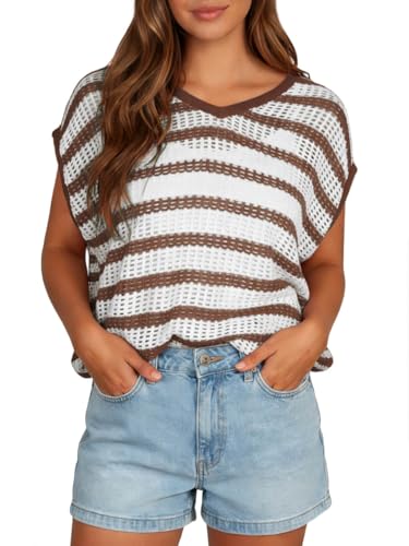 Yousify Womens Summer Crochet Tops Cap Sleeve Knit Pullover Sweater Vest V Neck Cover Ups Beach Vacation Clothes Brown — view 2
