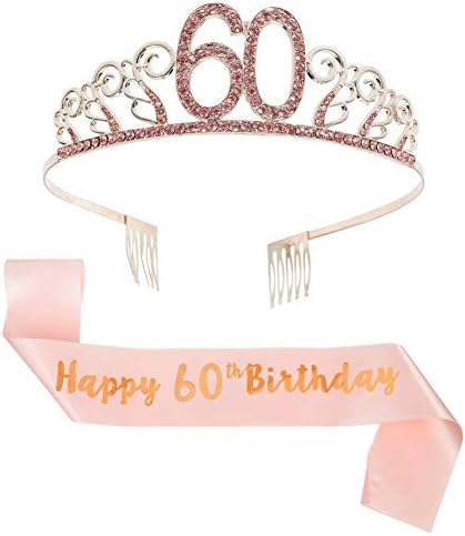 Bohoman Rose Gold Happy 60th Birthday Sash and 60 Birthday Tiara Rhinestone Crown Headband for 60 Birthday Gift Party Accessories 60th Birthday Decoration Girls Women