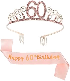 Bohoman Rose Gold Happy 60th Birthday Sash and 60 Birthday Tiara Rhinestone Crown Headband for 60 Birthday Gift Party Accessories 60th Birthday Decoration Girls Women