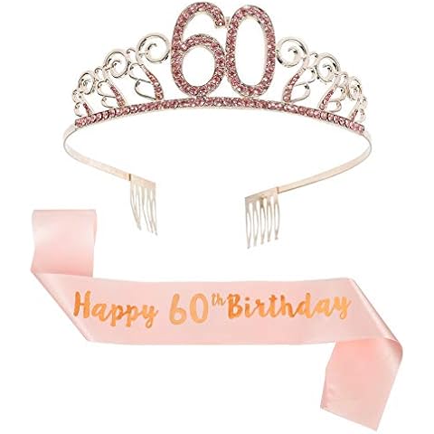 Bohoman Rose Gold Happy 60th Birthday Sash and 60 Birthday Tiara Rhinestone Crown Headband for 60 Birthday Gift Party Accessories 60th Birthday Decoration Girls Women Cover
