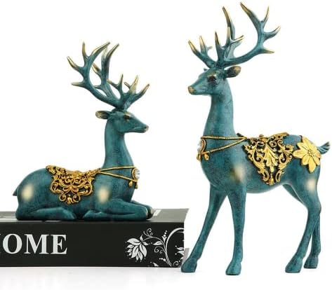 FIERMAYLE Nordic Christmas Reindeer Figure Ornaments, Geometric Resin Sitting Standing Elk Deer Statue for Home Office Decoration, Pack of 2 (A-Gold-2pcs)