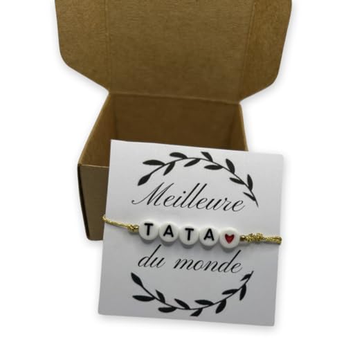 Bracelet tata Coeur- cadeau pour sa tante - bracelet fil nylon doré perles noires - réglable - Coffret prêt à offrir boite kraft 7 sur 7 cm - meilleure tata au monde