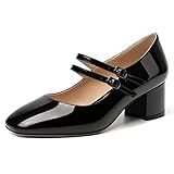 SHOWFOREST Women's Low Heel Dating Block Buckle 2 Inch Patent Cute Square Toe Solid Pumps Shoes Black Size 10 - Zapatos de Tacon para Mujer