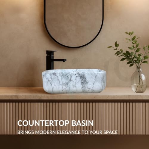 Image of Artiva Ceramic Wash Basin /Tabletop Washbasin For Bathroom,12 inchx16 inch /Small Countetop Bathroom Basin /Table Top Basin For Home,Office,Hotel /Rectangle Glossy Sink (Statuario-White,12x16 Inch)