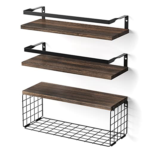 Floating Shelves Wall Mounted Set of 3, Rustic Wood Wall Shelves for Wall Decor Bathroom Shelves Over Toilet with Paper Storage Basket for Home Decor, Laundry Room Storage Shelves (Carbonized Brown)