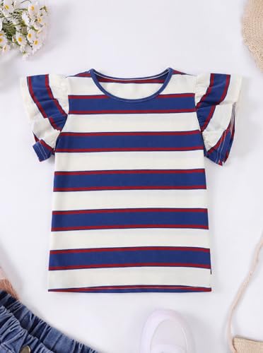 Image of Girls Striped Shirt Flutter Sleeve Top Crewneck Cute Summer T Shirts Casual Tees Blue White 7-8 Years