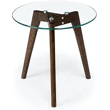 Tempered Glass Small End Table, Mnimalist Round Side Table, Mid-Century Modern End Side Table for Living Room Bedroom Small Spaces Office, with Triskele Walnut Wood Legs 15.7" D x 15.7" H