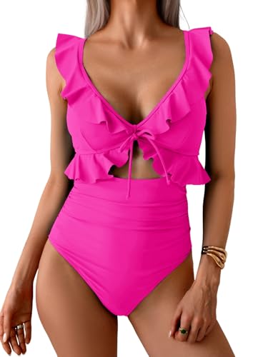 Image of Eomenie One Piece Swimsuit for Women Tummy Control Ruffle Bathing Suit V Neck Ruched Swim Suit Slimming Cutout Swimwear