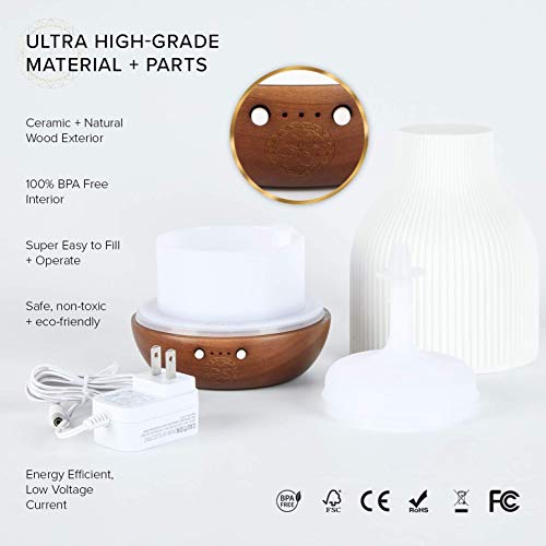 Essential Oil Diffuser Lamp, White Ceramic + Brown Wood, Ultrasonic 180Ml Whispersoft, 4 Timers | 5 Light Settings, Auto Shut Off, Home + Office, Humidifier Air Purifier Aromatherapy #TOP3