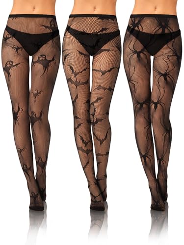 Image of Bencailor 3 Pairs Halloween Women Fishnet Stocking Tight Legging Black Stockings Small Hole Pattern High Pantyhose Waist Lace