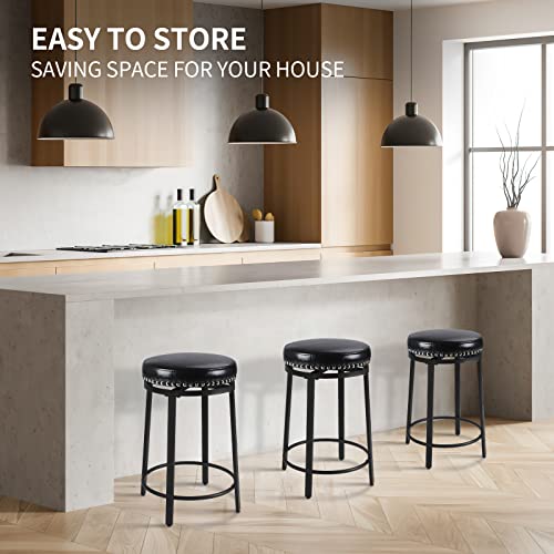 Swivel Bar Stools Set of 2, Counter Height Bar Stools, 24 Inch Swivel Counter Stools with Soft Cushion & Metal Frame, Black Round Backless Barstools for Kitchen Counter, Dinning Room, Black